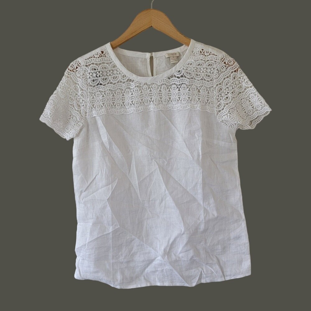 J CREW Linen White Shirt Short Sleeve Size 0 Lace